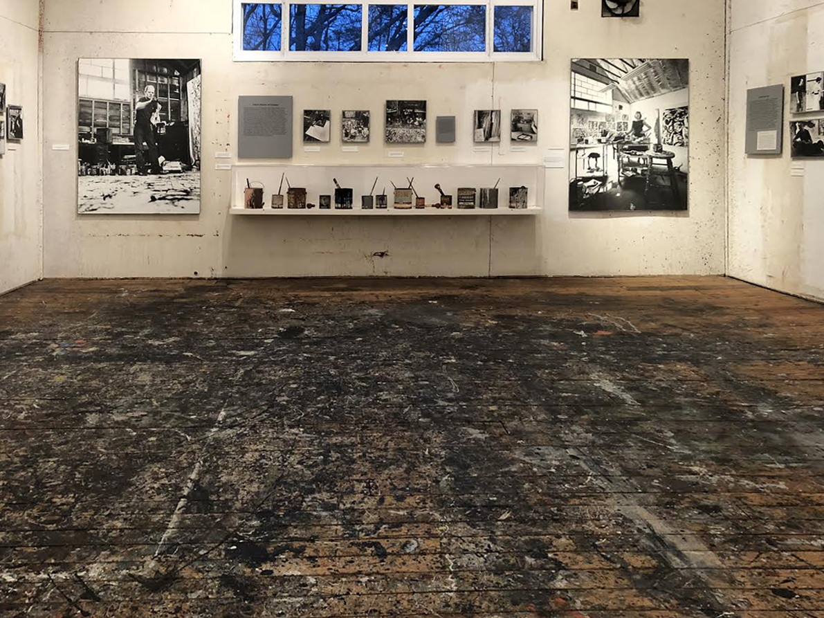 The studio where Jackson Pollock painted from 1946-1956 wslater sued by Lee Krasner from 1957-1984. Marks from her dynamic gestural canvases are visible on the walls. The floor on which Pollock creaded his poured paintings was covered in a 1953 renovation, preserving the colors and gestures from many of his most famous works. The covering was removed when the studio was opened to the public as a museum in 1988. Both artists' tools and materials are also on display.