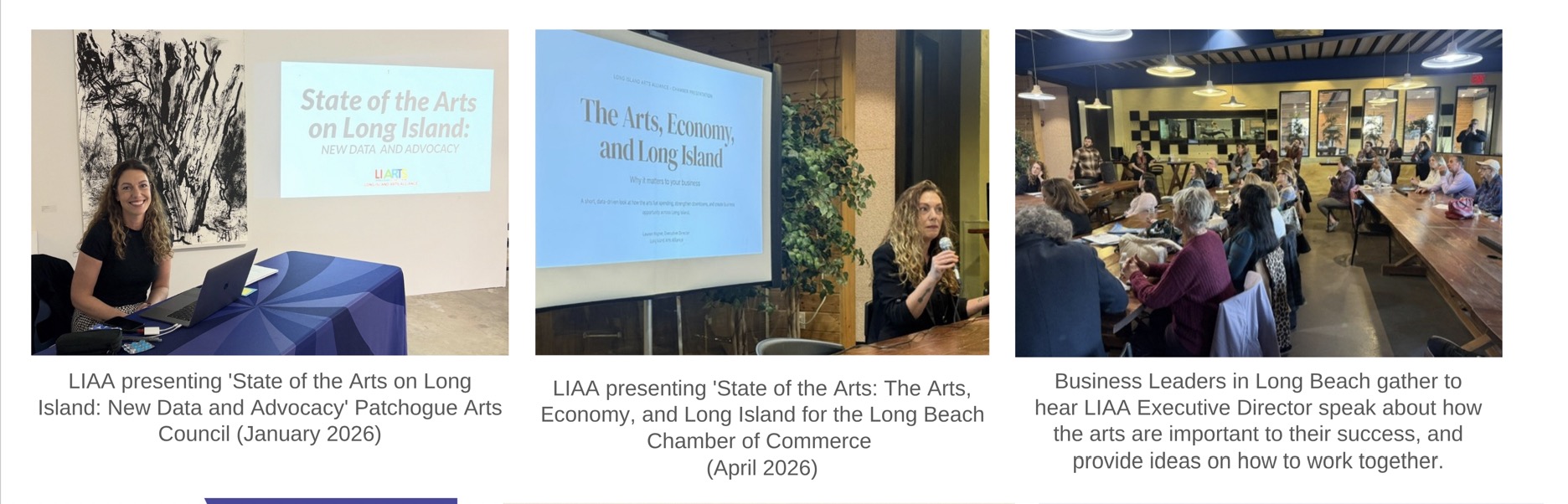 State of the Arts presentations in Patchogue and Long Beach, including audience members and LIAA Executive Director Lauren Wagner